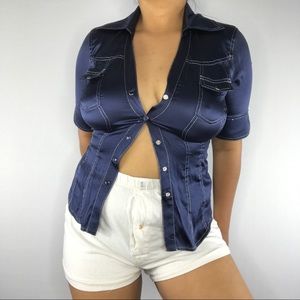 Cache. 95% Silk. Gorgeous Navy Collared Blouse